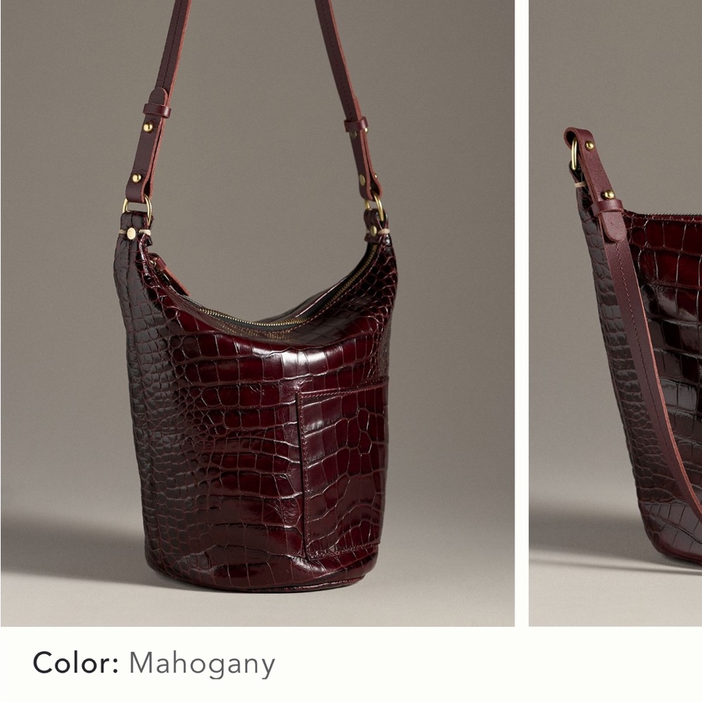 Mahogany Croc-Embossed Leather Bucket Bag